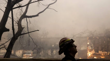 Un bombero del condado de Los Ángeles observa un incendio forestan este miércoles en Altadena, California