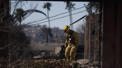 Bomberos y equipos de búsqueda y rescate inspeccionan el lugar de una casa incendiada en Altadena, California