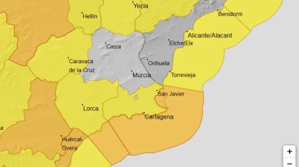 Mapa de la Región de Murcia con la alerta de nivel amarillo y naranja por el temporal de viento