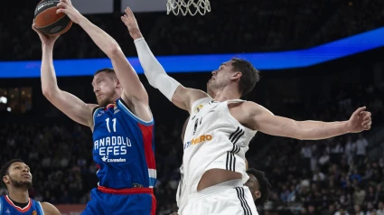 Istanbul (Turkey), 04/02/2025.- Real Madrid's Mario Hezonja (R) in action against Anadolu Efes' Roland Smits (L) during the Euroleague basketball match between Anadolu Efes and Real Madrid in Istanbul, Turkey, 04 February 2025. (Baloncesto, Euroliga, Turquía, Estanbul) EFE/EPA/TOLGA BOZOGLU