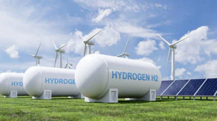 Hydrogen energy storage gas tank for clean electricity solar and wind turbine facility.3d renderin