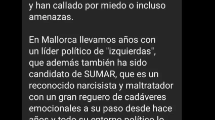 Captura del primer mensaje denunciando la actitud del político de Mallorca