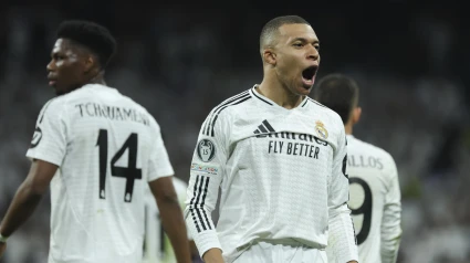 Kylian Mbappé celebra su tercer gol en el Real Madrid - Manchester City.