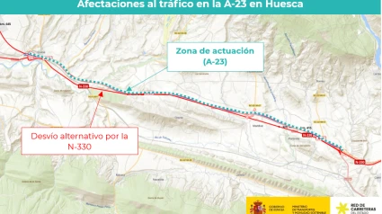 El Ministerio de Transportes y Movilidad Sostenible está ejecutando las obras de rehabilitación del firme de la autovía A-23, entre Sabiñánigo y Jaca