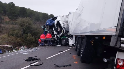 05/03/2025 Uno de los camiones accidentados.ESPAÑA EUROPA SOCIEDAD NAVARRAPOLICÍA FORAL