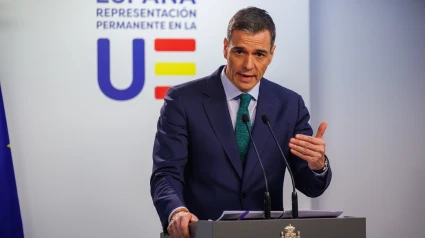 El presidente del Gobierno español, Pedro Sánchez, habla en una conferencia de prensa durante una reunión del Consejo Europeo en Bruselas, Bélgica