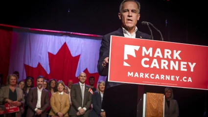 El candidato a líder del Partido Liberal de Canadá, Mark Carney, se dirige a sus partidarios en Montreal el jueves 6 de marzo de 2025