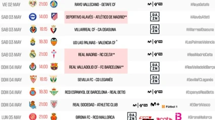 Horarios de la 34ª jornada en Primera División