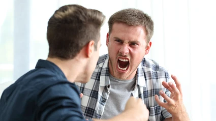 H8W844 Two angry friends or roommates arguing and threatening in the living room at home