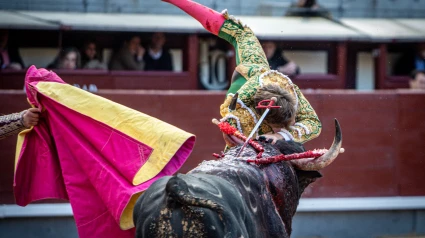 Momento de la fuerte voltereta sufrida por Juan Leal en el quinto toro de Palha