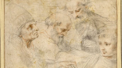 Cuatro estudios pictóricos masculinos. (De izquierda a derecha: el papa Gregorio Magno, san Jerónimo, un hombre barbudo de frente y un joven), Giuseppe Cesari, llamado Cavaliere d' Arpino (Arpino, 1568-1640, Roma).