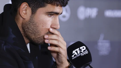 Carlos Alcaraz ofrece una rueda de prensa para comunicar que no jugará en el Mutua Madrid Open.