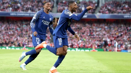 Dembélé celebra su gol, en el Arsenal - PSG