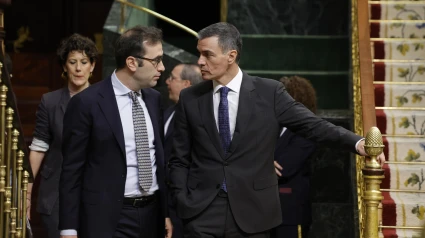 El presidente del Gobierno, Pedro Sánchez y el ministro de Economía, Carlos Cuerpo durante el pleno celebrado este jueves en el Congreso