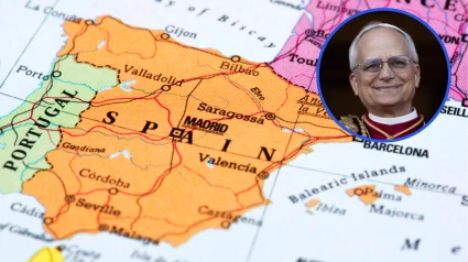 Mapa de España; arriba, a la derecha, el Papa León XIV