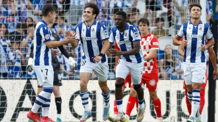 Pablo Marín celebra el primer tanto de la Real Sociedad al Girona en la jornada 37 de LaLiga
