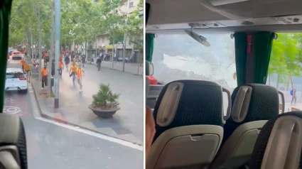 Imágenes grabadas desde el interior del autobús del Rayo Majadahonda a su salida del estadio del Sant Andreu