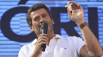 El líder de Chega, André Ventura, durante un mitin antes de las elecciones legislativas del 18M, a 16 de mayo de 2025, en Portugal