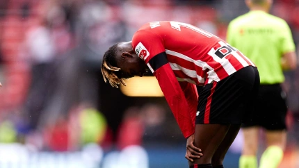 Nico Williams del Athletic Club reacciona durante el partido de La Liga Santander entre el Athletic Club y el Getafe CF en San Mamés el 1 de abril de 2023, en Bilbao, España.