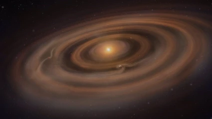 Impresión artística de un disco protoplanetario con planetas en formación que redistribuyen el gas y el polvo a su alrededor