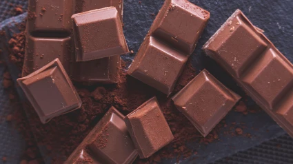 onzas de chocolate partido sobre cacao en polvo y fondo de pizarra negra