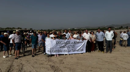 Vecinos de Lorca y políticos del PP, PSOE, IU y Vox reclaman un viaducto sobre la rambla de Torrecilla.