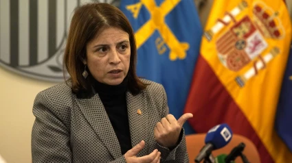 La delegada del Gobierno en Asturias, Adriana Lastra, en una rueda de prensa
