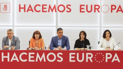 Ejecutiva del PSOE en 2022, con Santos Cerdán (primero por la izquierda) y Adriana Lastra (cuarta), junto a Pedro Sánchez, Cristina Narbona y Andrea Fernández