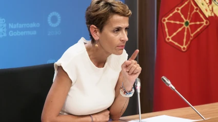 La presidenta del Gobierno de Navarra, María Chivite, durante una comparecencia ante los medios de comunicación, en la sala de prensa del Gobierno de Navarra