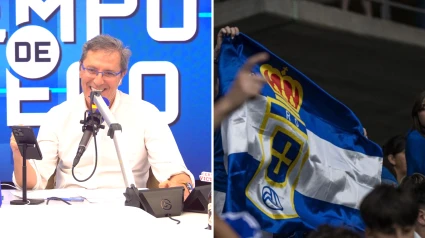 Paco González y la bandera del Oviedo
