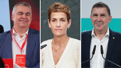 Santos Cerdán (izquierda), María Chivite (centro) y Arnaldo Otegi (derecha)