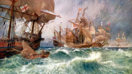 La convocatoria a la rendición (Un incidente en la Armada Española). Por George Vicat Cole (1833-1893). Sir Francis Drake (1540-1596) capturando el gran galeón de Don Diego Flórez de Valdés (1530-1595) durante el ataque a la Armada Española, según lo relata Charles Kingsley (1819-1875) en su novela histórica de 1855, «¡Hacia el Oeste!».