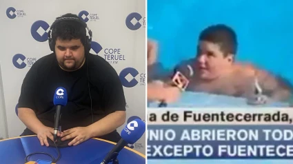 Álvaro Muñoz en los estudios de COPE Teruel al lado del vídeo con el que se hizo viral