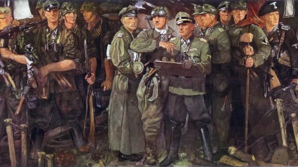 Una imagen de la Leibstandarte Adolf Hitler con miembros de la Cruz de Caballero de la Cruz de Hierro de Primera Clase: Gerd Pleiss, Kurt Meyer, Gerd Bremer, Josef Dietrich, Theodor Wisch, Fritz Witt, Heinrich Springer y Otto Skorzeny. Financiado con préstamos extranjeros, los contratos de exportación debían rescindirse incondicionalmente y, preferiblemente, se debía construir un ejército. Estos acuerdos comerciales se firmaron y se honraron con bonificaciones por el cumplimiento de objetivos miopes, ocultos y justificados con propaganda populista. Esto creó una enorme dimensión radical. 1942. Gobierno del Reich alemán.