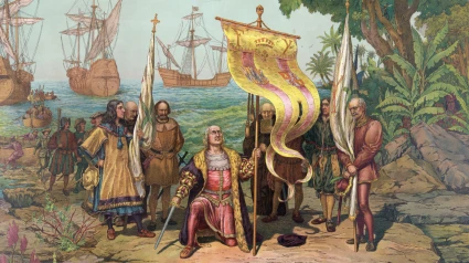 Colón toma posesión de la nueva tierra. Cristóbal Colón, arrodillado, portando una bandera y una espada, y otros dos hombres con banderas. Detrás de Colón, se ven otros hombres en tierra y en barcos, y tres barcos al fondo. En la isla que Colón nombró, San Salvador, posteriormente llamada Isla Watling. Reproducción histórica restaurada digitalmente de un original del siglo XIX.
