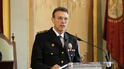 El nou cap de la Guàrdia Urbana de Lleida, Josep Mallada, durant el seu discurs després d'assumir el càrrec.
