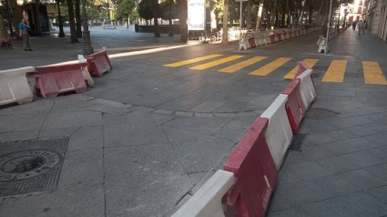 Carril habilitado al tráfico rodado en la Plaza Nueva.