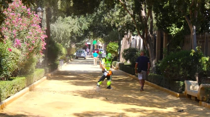 Un trabajador de Parques y Jardines durante su jornada laboral al aire libre