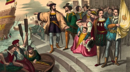 Cristóbal Colón y su tripulación saliendo del puerto de Palos, España, 1492