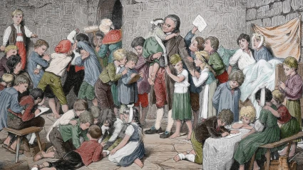 Visita de Johann Heinrich Pestalozzi al orfanato de Nidwalden, Suiza (1882).