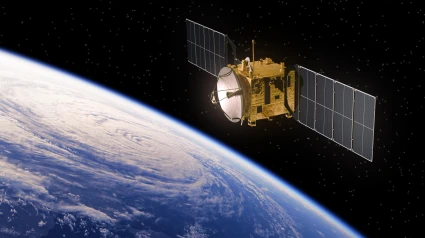 FHM56J   Satellite Orbiting Earth. Realistic 3D Scene.