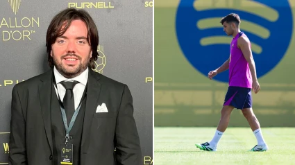 Víctor Navarro, y Pedri durante un entrenamiento con el Barcelona