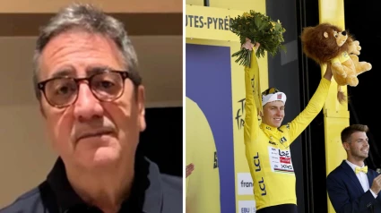 El periodista deportivo Miguel Rico, y el ciclista esloveno Tadej Pogacar