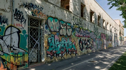 Pinturas, grafitis en la pared de un edificio abandonado en la localidad de Benicarló, en la provincia de Castellón.