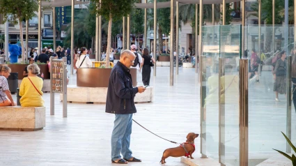 Un anciano guía a su perro salchicha por una concurrida plaza.