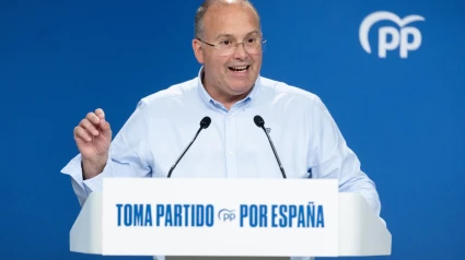 El secretario general del PP, Miguel Tellado, en una rueda de prensa desde la sede del partido en Madrid, a 6 de agosto de 2025.