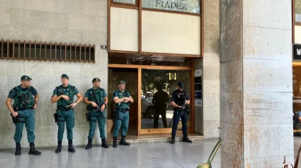 Agentes de la Guardia Civil y la Policía Nacional desplegados frente a un edificio en Palma en el marco de una operación contra el blanqueo de capitales