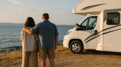 Pareja con su autocaravana frente al mar