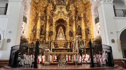 El obispo de Huelva, Mons. Santiago Gómez Sierra, durante la celebración de la Función del Voto del Rocío Chico