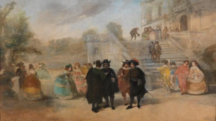 Intriga contra don Francisco de Quevedo y Villegas en los jardines del palacio del Buen Retiro (hacia 1876), de Antonio Perez Rubio. Oleo sobre lienzo, 55 x 90 cm. Museo del Prado, Madrid,